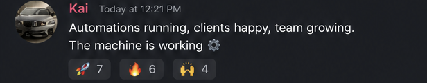 Community post: automations running, clients happy, team growing