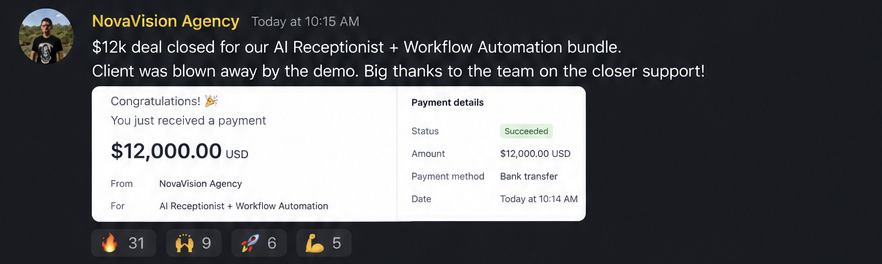 Community post: partner closed a deal for an AI receptionist and workflow bundle